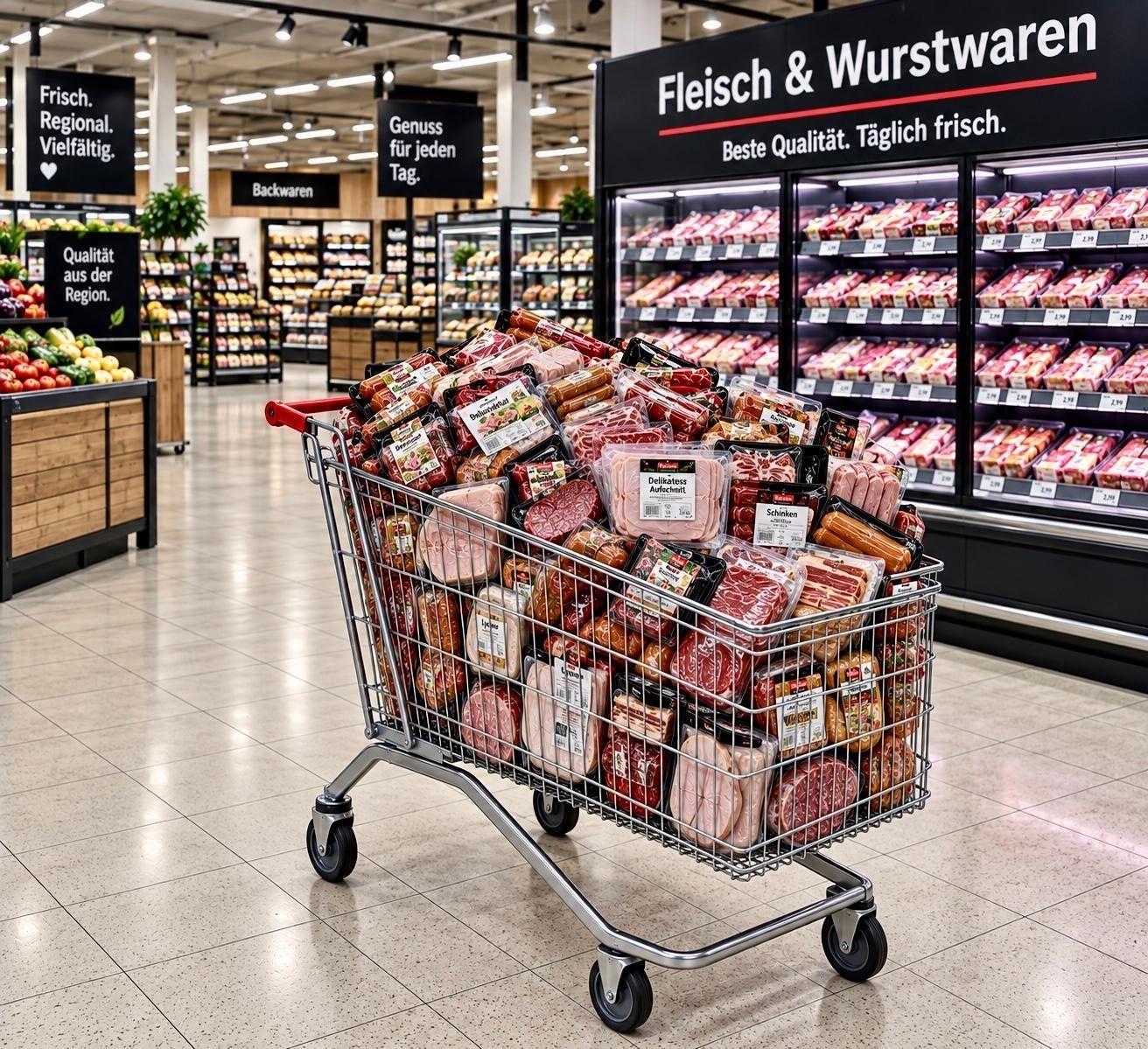 Ein Einkaufswagen ist randvoll mit Fleisch- und Aufschnittprodukten.