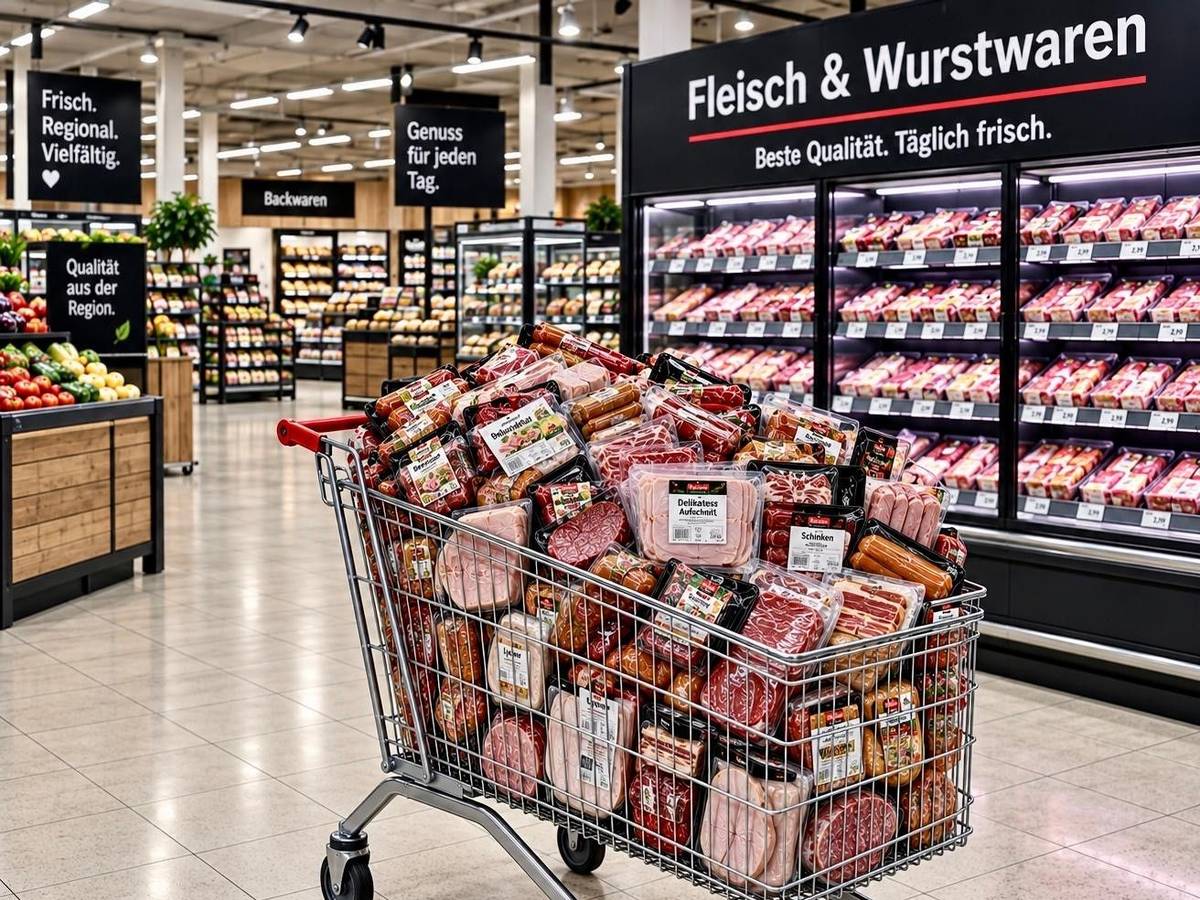 Ein Einkaufswagen ist randvoll mit Fleisch- und Aufschnittprodukten.