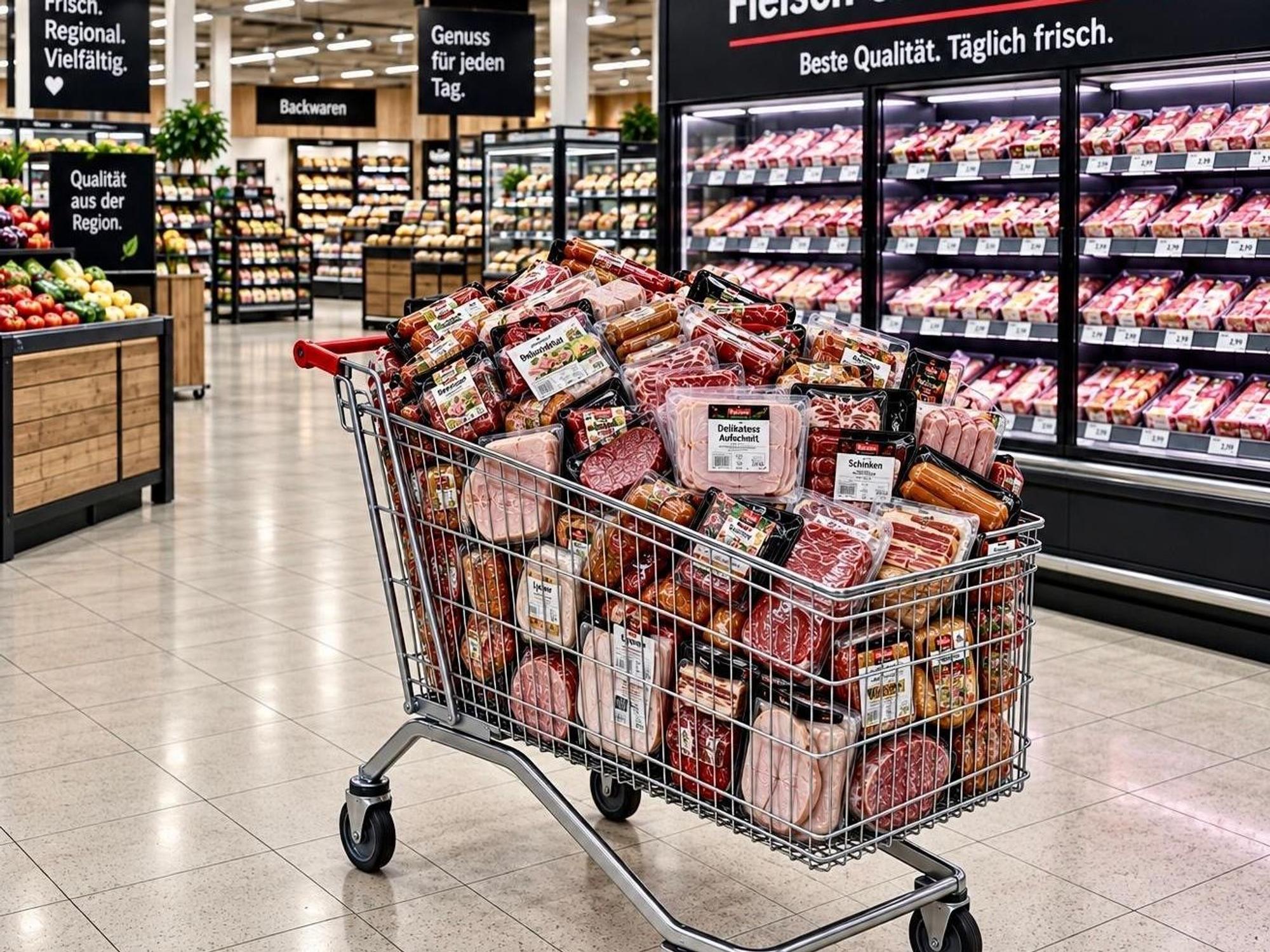 Ein Einkaufswagen ist randvoll mit Fleisch- und Aufschnittprodukten.