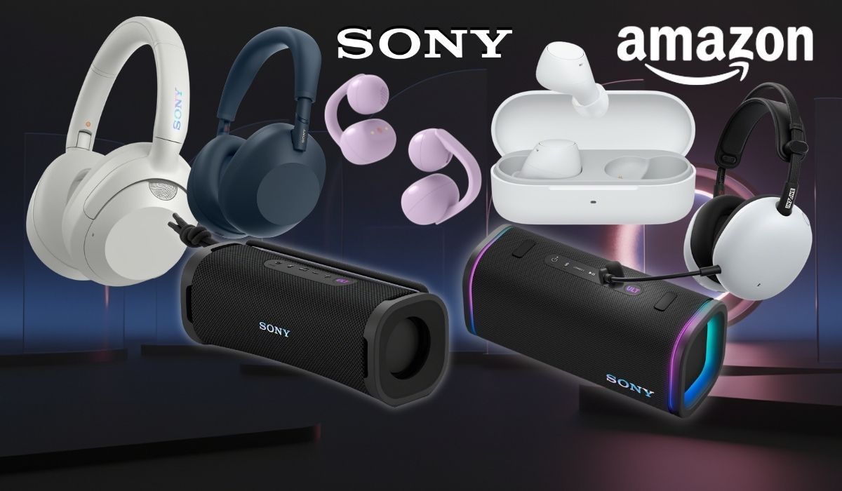 Collage verschiedener Sony-Kopfhörer, True-Wireless-In-Ears und Bluetooth-Lautsprecher vor dunklem, futuristischem Hintergrund mit Sony- und Amazon-Logo.