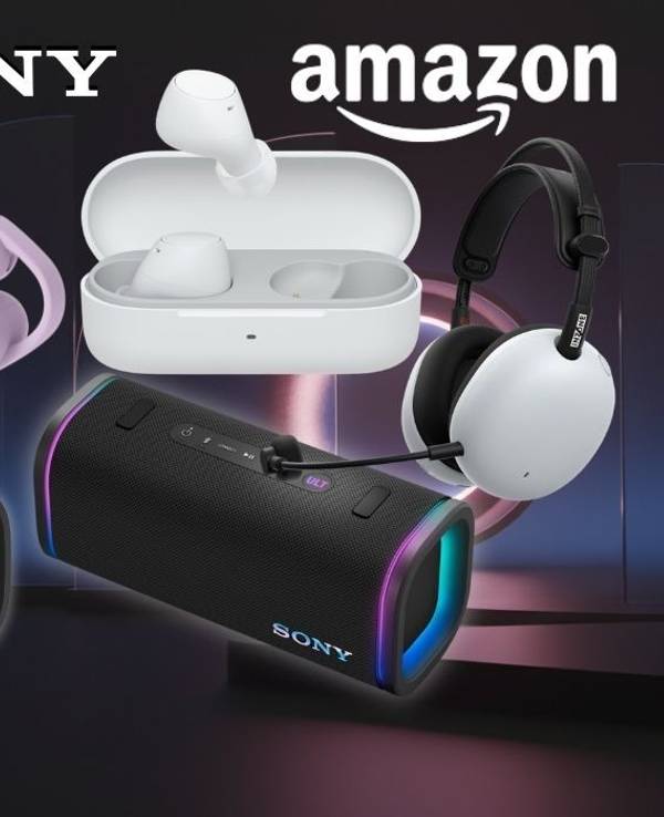 Collage verschiedener Sony-Kopfhörer, True-Wireless-In-Ears und Bluetooth-Lautsprecher vor dunklem, futuristischem Hintergrund mit Sony- und Amazon-Logo.