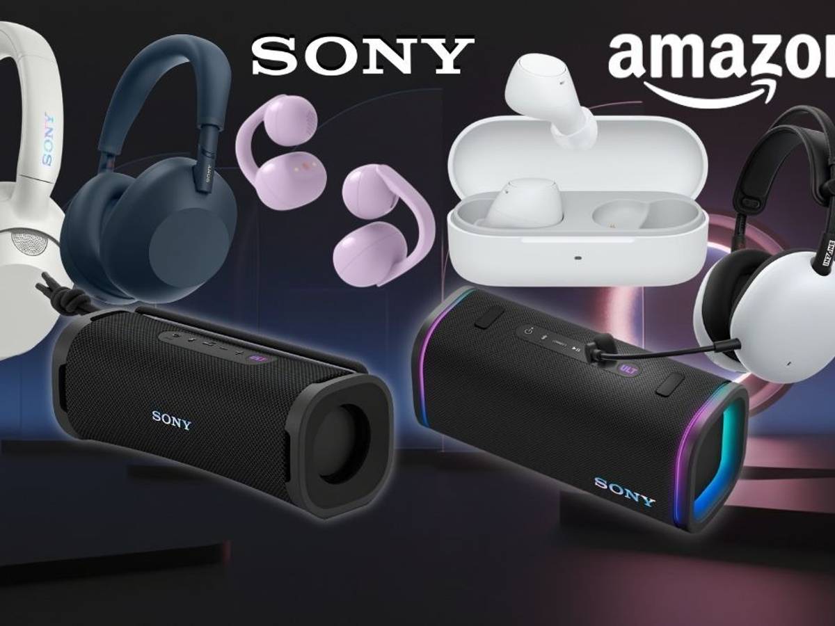 Collage verschiedener Sony-Kopfhörer, True-Wireless-In-Ears und Bluetooth-Lautsprecher vor dunklem, futuristischem Hintergrund mit Sony- und Amazon-Logo.
