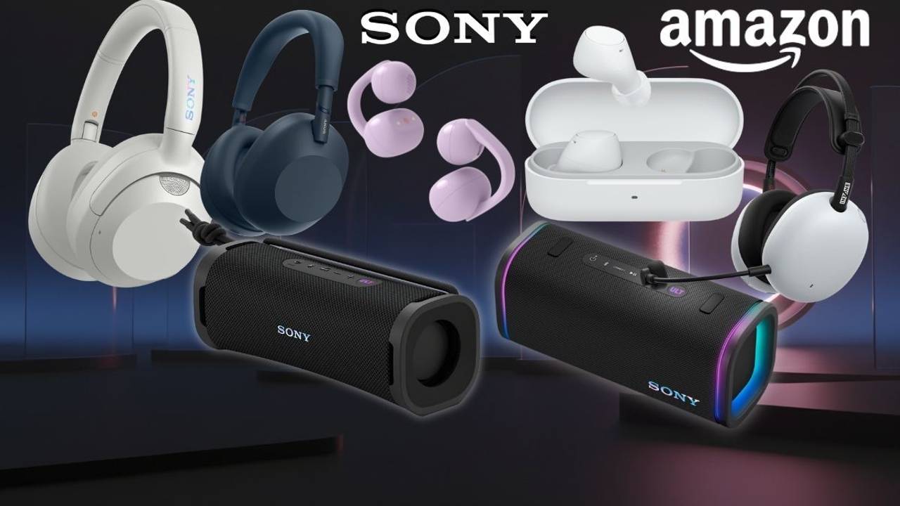 Collage verschiedener Sony-Kopfhörer, True-Wireless-In-Ears und Bluetooth-Lautsprecher vor dunklem, futuristischem Hintergrund mit Sony- und Amazon-Logo.