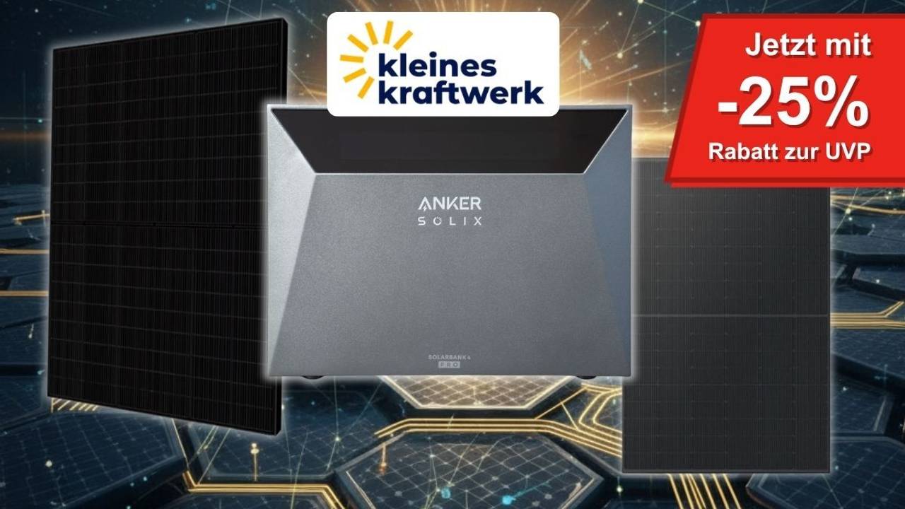 Anker SOLIX Solarbank 4 Pro Speicher mit Solarmodulen vor Solarmodulen und digitalem Hintergrund, Logo von Kleines Kraftwerk.