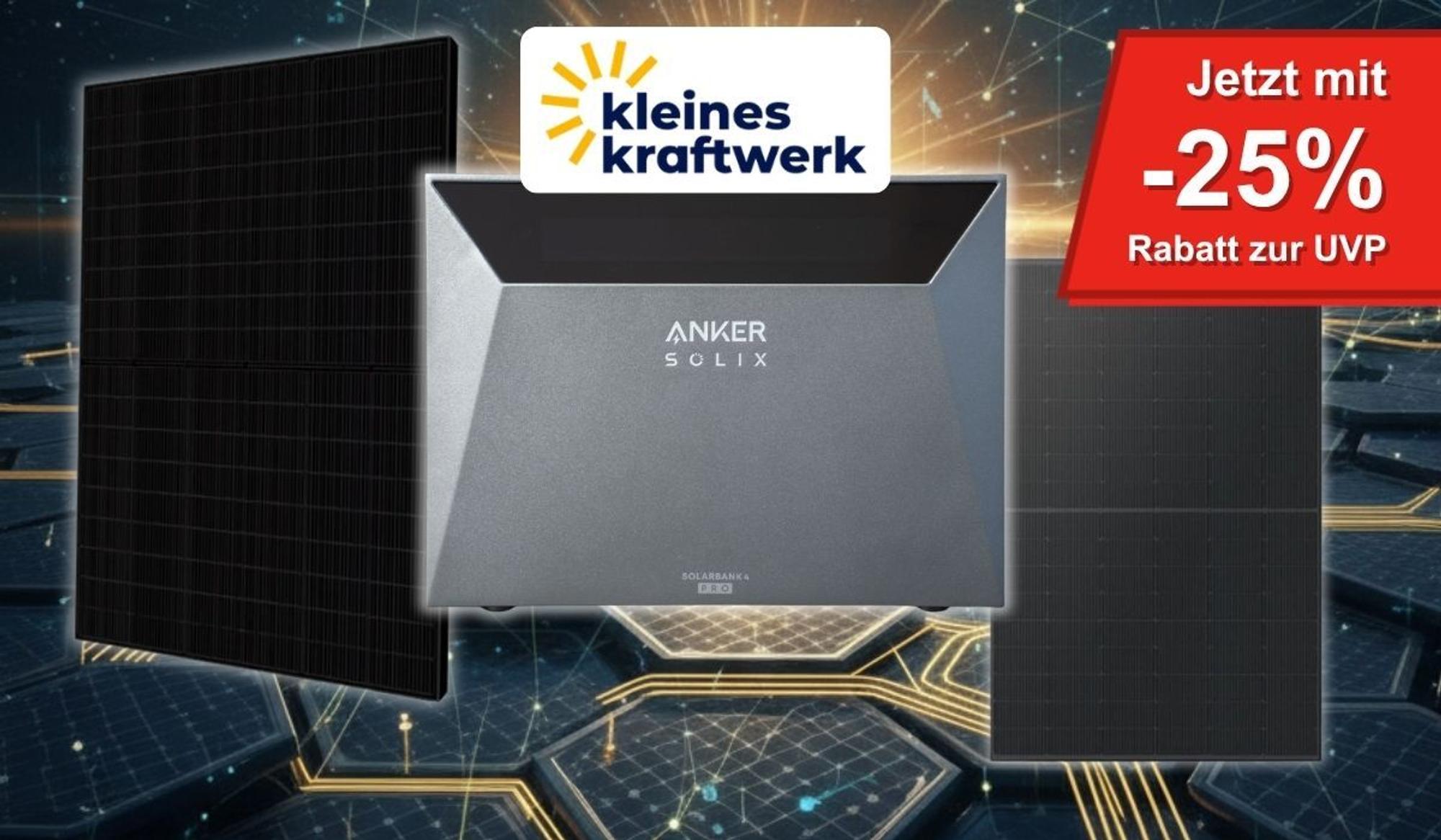 Anker SOLIX Solarbank 4 Pro Speicher mit Solarmodulen vor Solarmodulen und digitalem Hintergrund, Logo von Kleines Kraftwerk.