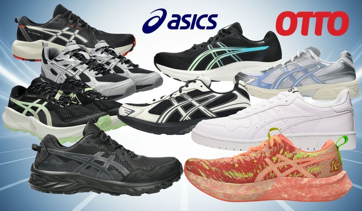 Verschiedene Asics-Sneaker und Laufschuhe vor blauem Hintergrund mit Asics- und OTTO-Logo.