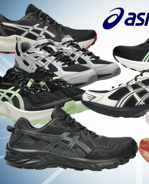 Verschiedene Asics-Sneaker und Laufschuhe vor blauem Hintergrund mit Asics- und OTTO-Logo.