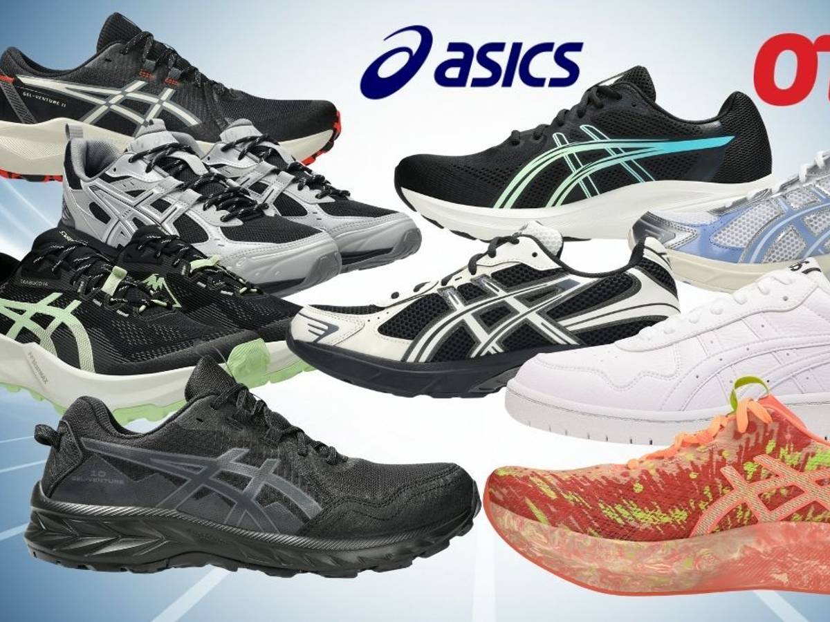 Verschiedene Asics-Sneaker und Laufschuhe vor blauem Hintergrund mit Asics- und OTTO-Logo.
