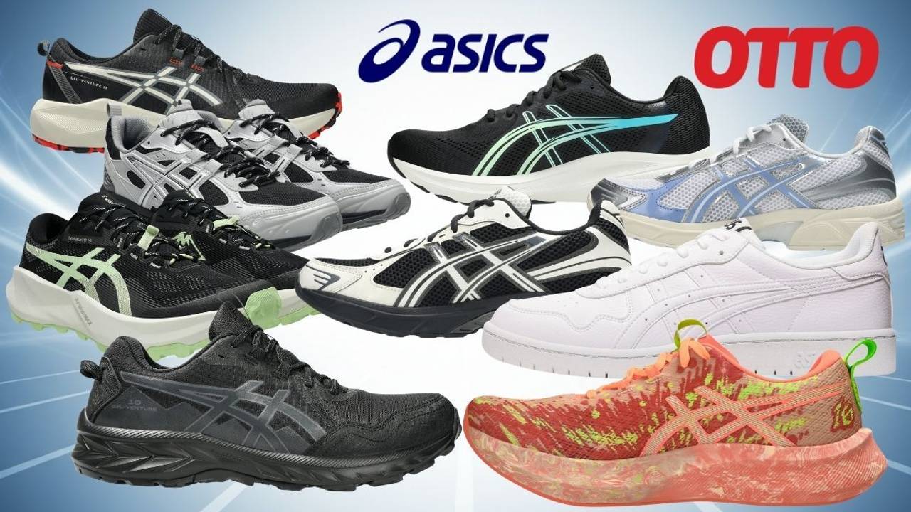 Verschiedene Asics-Sneaker und Laufschuhe vor blauem Hintergrund mit Asics- und OTTO-Logo.