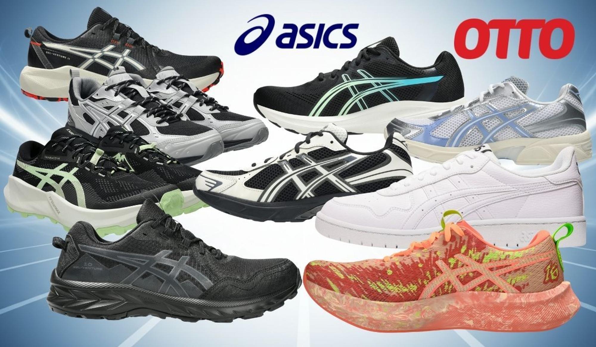 Verschiedene Asics-Sneaker und Laufschuhe vor blauem Hintergrund mit Asics- und OTTO-Logo.