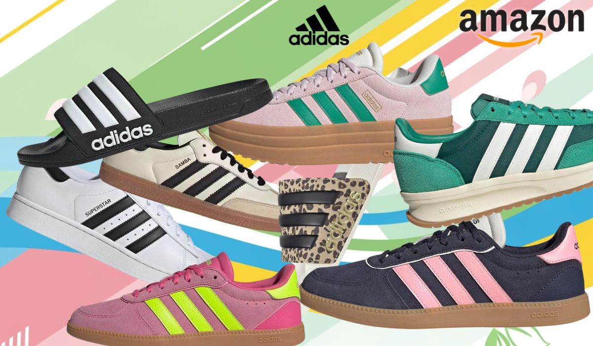 Verschiedene adidas Sneaker Modelle und adiletten vor einem bunten Hintergrundbild.