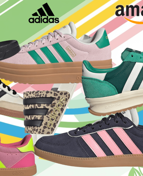 Verschiedene adidas Sneaker Modelle und adiletten vor einem bunten Hintergrundbild.