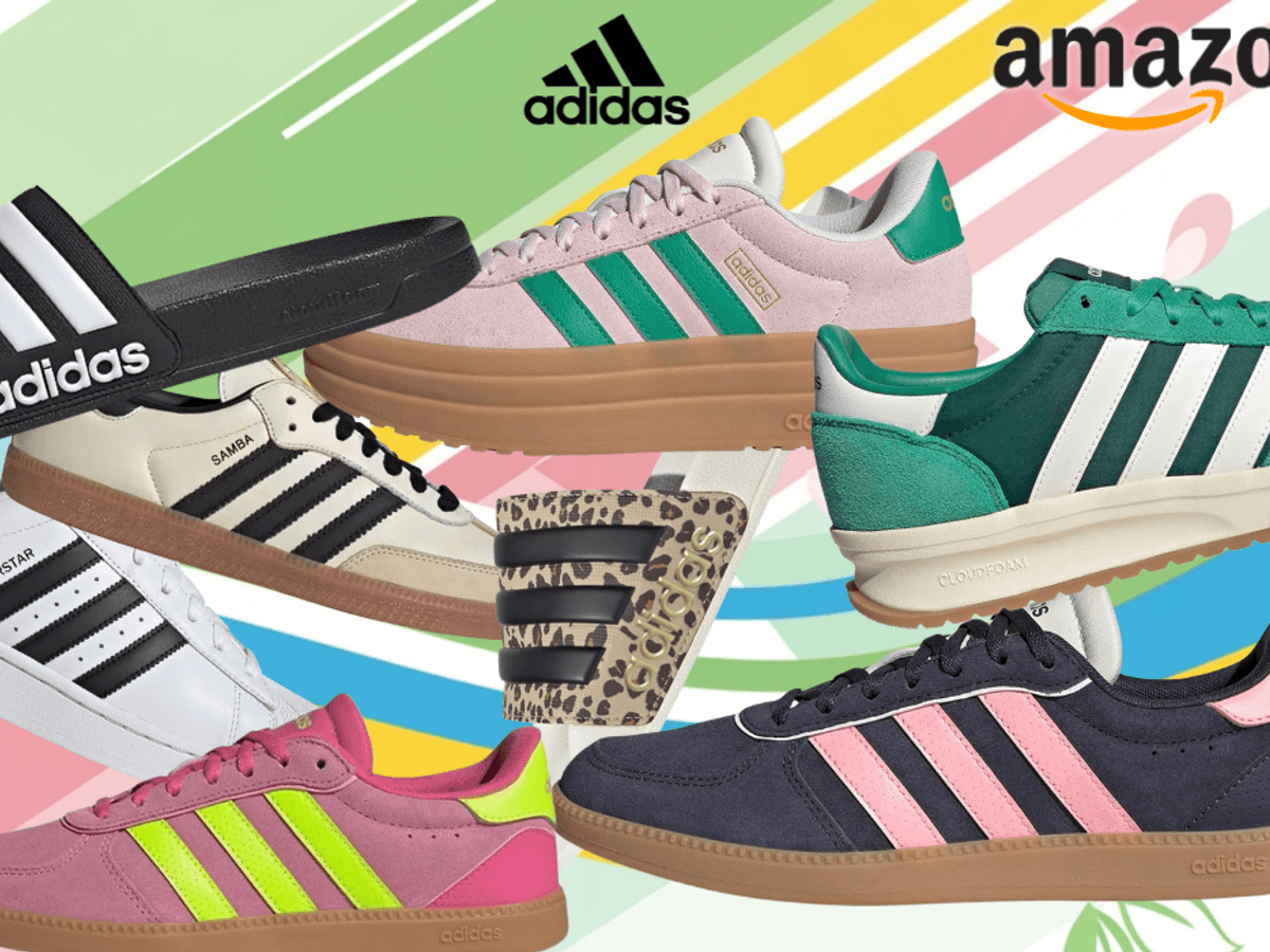Verschiedene adidas Sneaker Modelle und adiletten vor einem bunten Hintergrundbild.