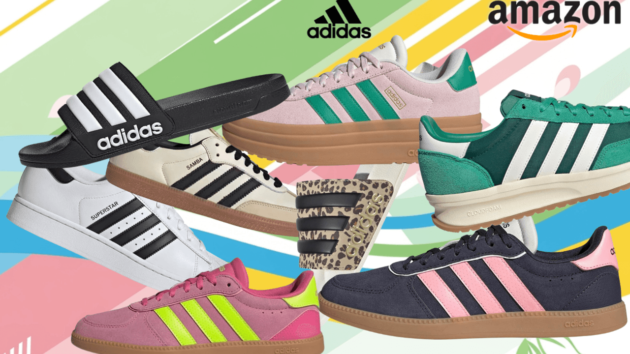 Verschiedene adidas Sneaker Modelle und adiletten vor einem bunten Hintergrundbild.