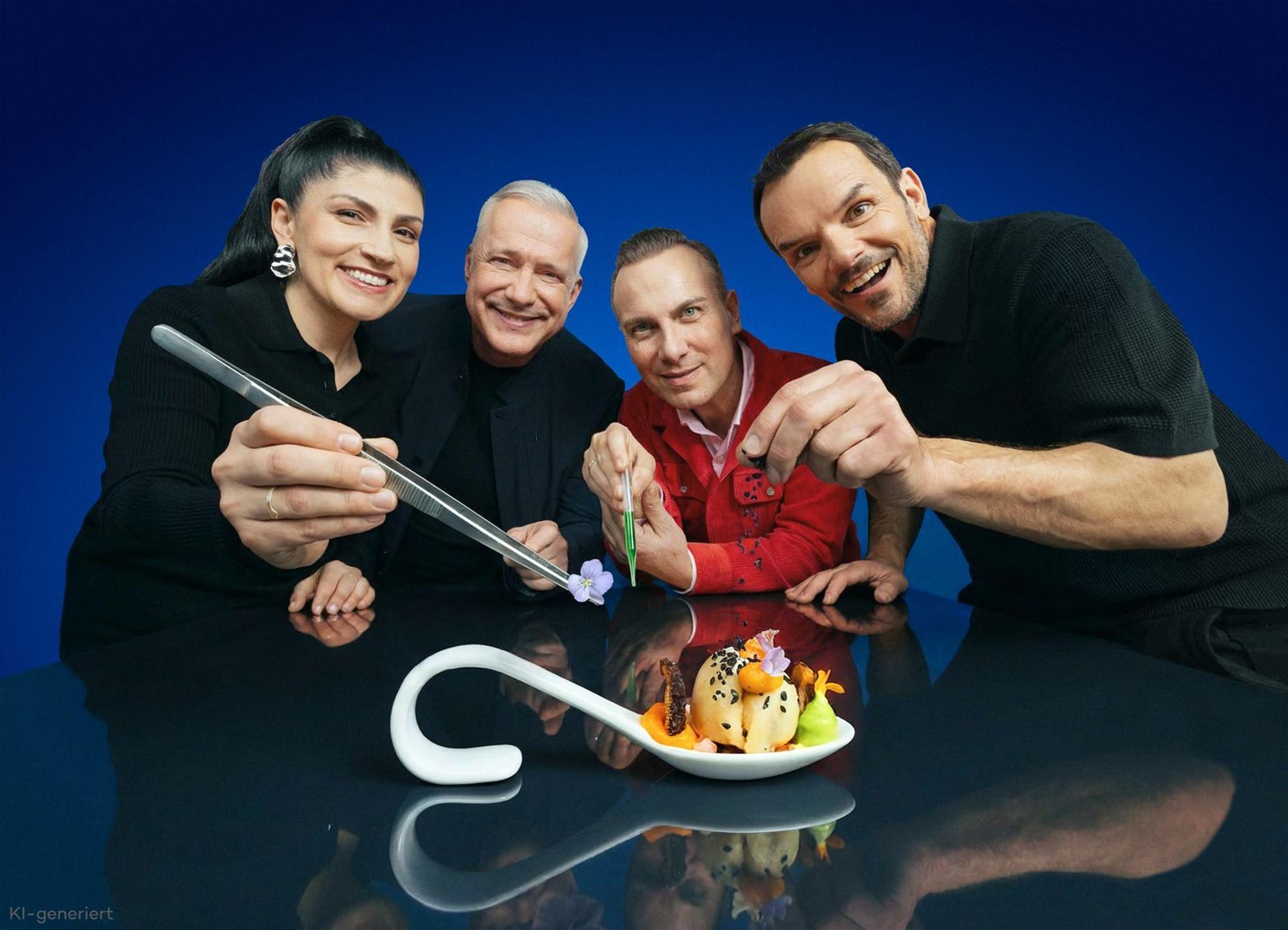 Elif Oskan (v.l.), Alexander Herrmann, Tim Raue und Steffen Henssler kämpfen auch in der 15. Staffel von „The Taste“ um den Sieg. (Bild: Joyn/Marina Geckeler)