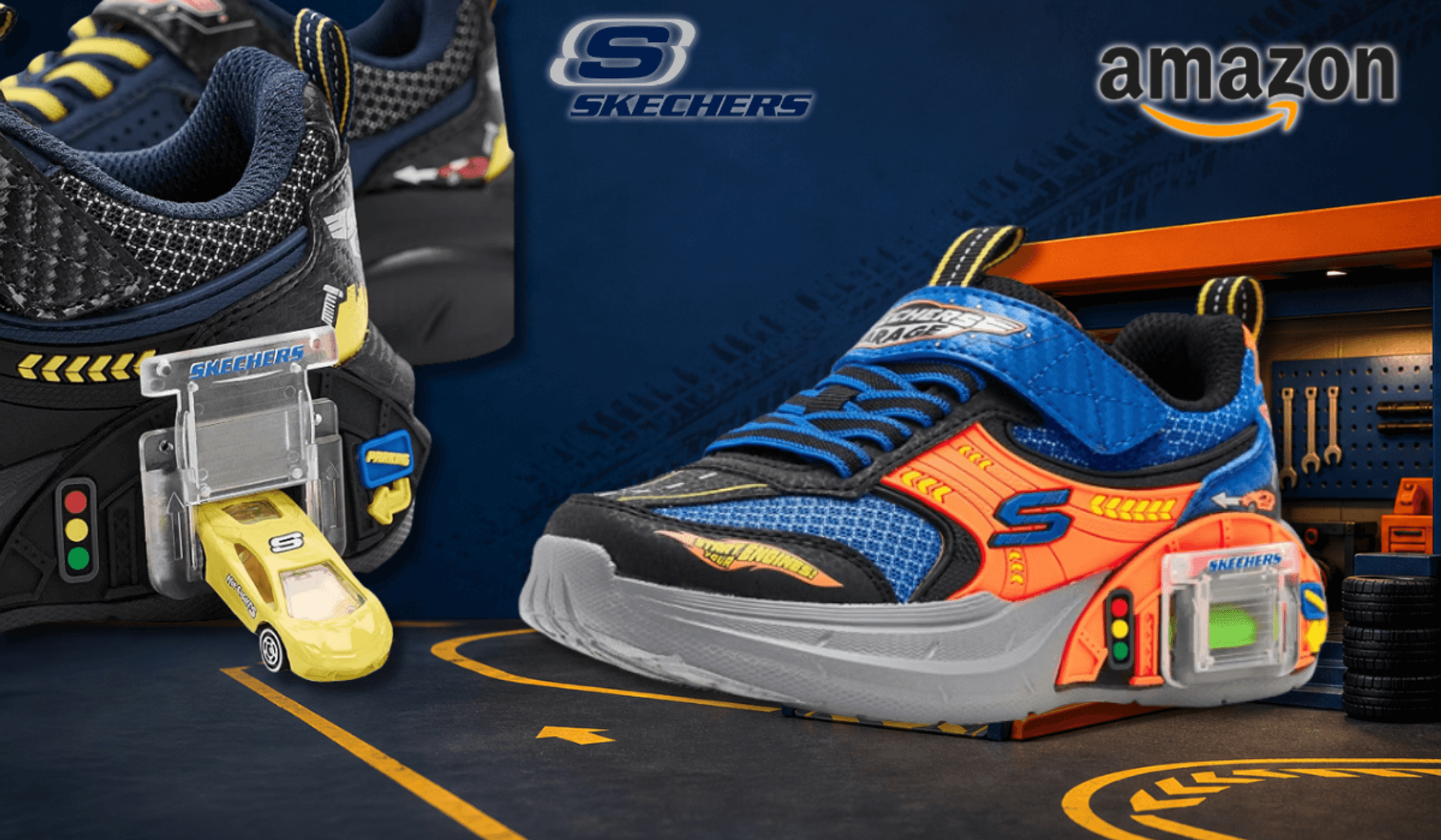 Der Skechers Garage Sneaker vor einem Autowerkstatt-Hintergrund.