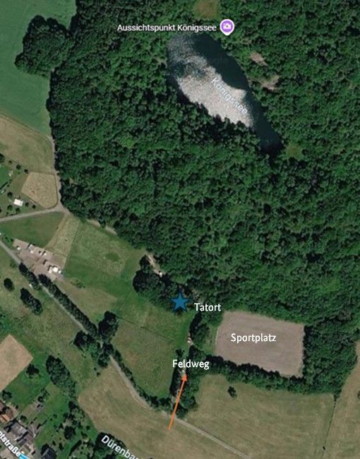 Das Luftbild zeigt eine Nahaufname des Kartenausschnitts vom Tatort.