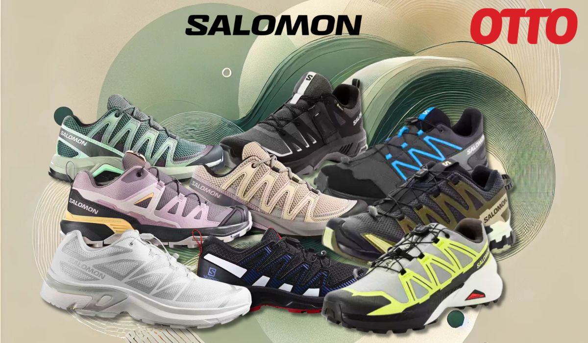Darstellung verschiedener Salomon Sneaker Modelle auf einem grün, beigen Hintergrund
