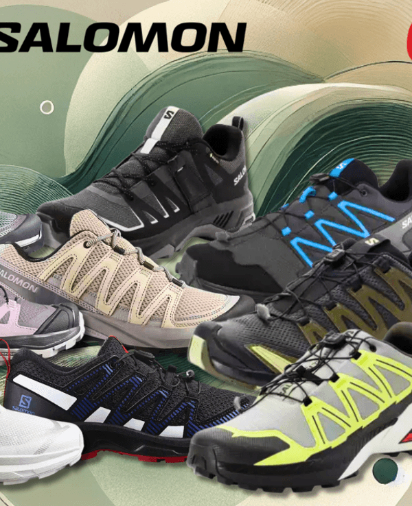 Darstellung verschiedener Salomon Sneaker Modelle auf einem grün, beigen Hintergrund