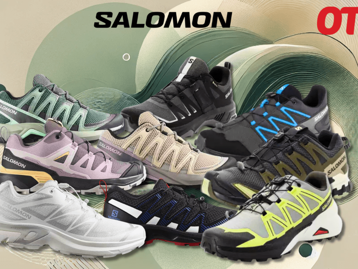 Darstellung verschiedener Salomon Sneaker Modelle auf einem grün, beigen Hintergrund