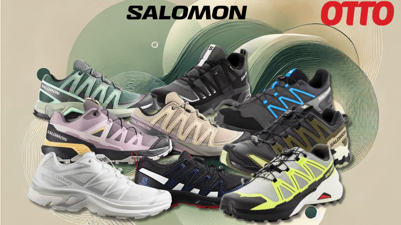 Darstellung verschiedener Salomon Sneaker Modelle auf einem grün, beigen Hintergrund