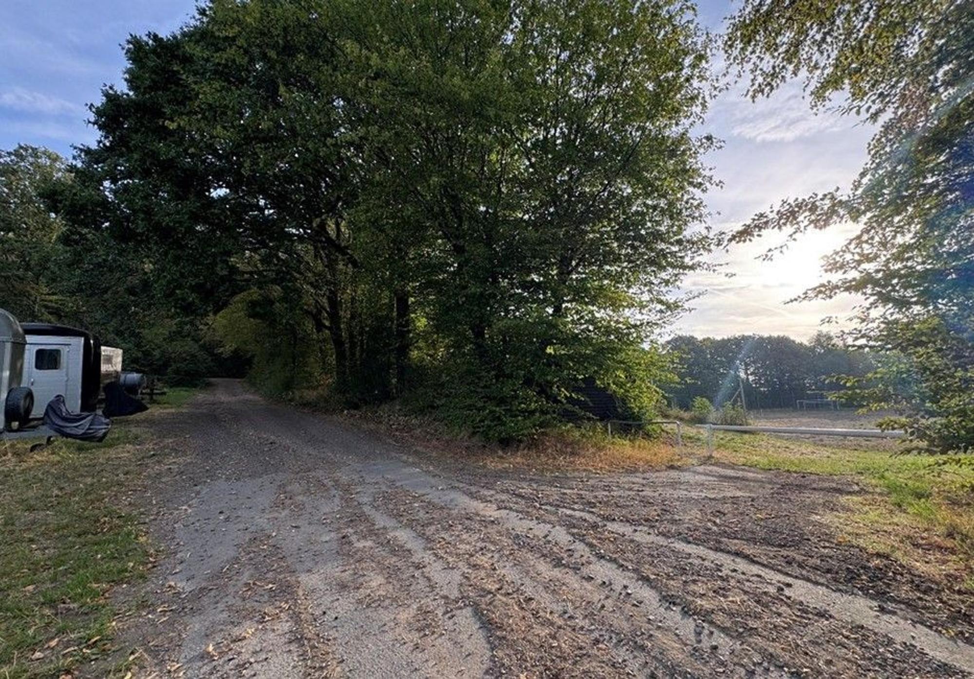 Auf dem Bild sind ein Feldweg und Pferdeanhänger zu sehen.