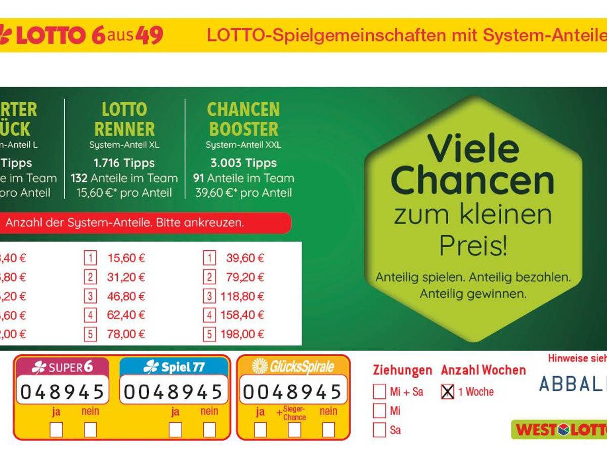 Starter-Glück, Lotto-Renner und Chancen-Booster heißen die Spielgemeinschaften von LOTTO 6aus49. Ihr Prinzip ist einfach: Sie nehmen mit besonders vielen Tipps an den einzelnen Ziehungen teil und erhöhen so die Gewinnchancen.