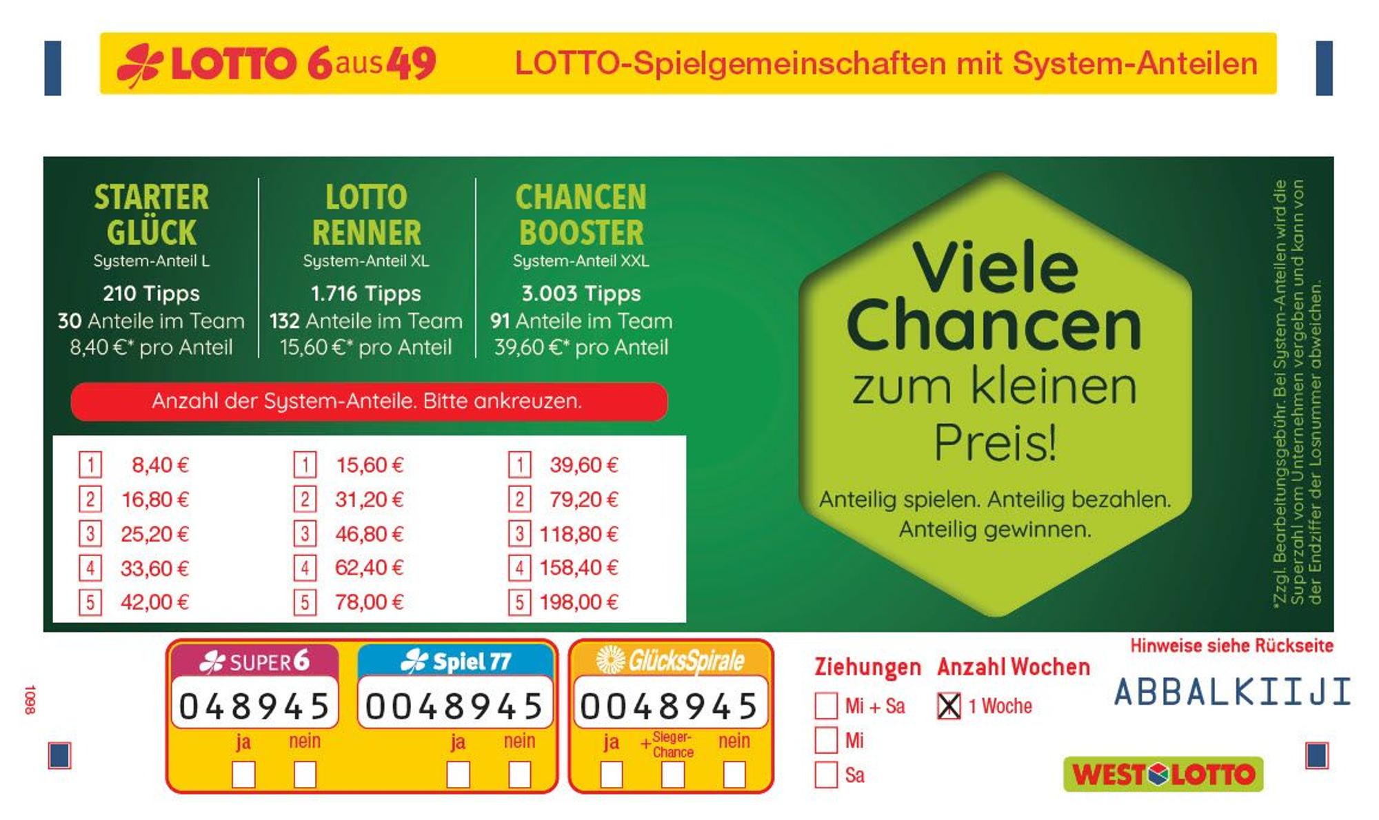 Starter-Glück, Lotto-Renner und Chancen-Booster heißen die Spielgemeinschaften von LOTTO 6aus49. Ihr Prinzip ist einfach: Sie nehmen mit besonders vielen Tipps an den einzelnen Ziehungen teil und erhöhen so die Gewinnchancen.