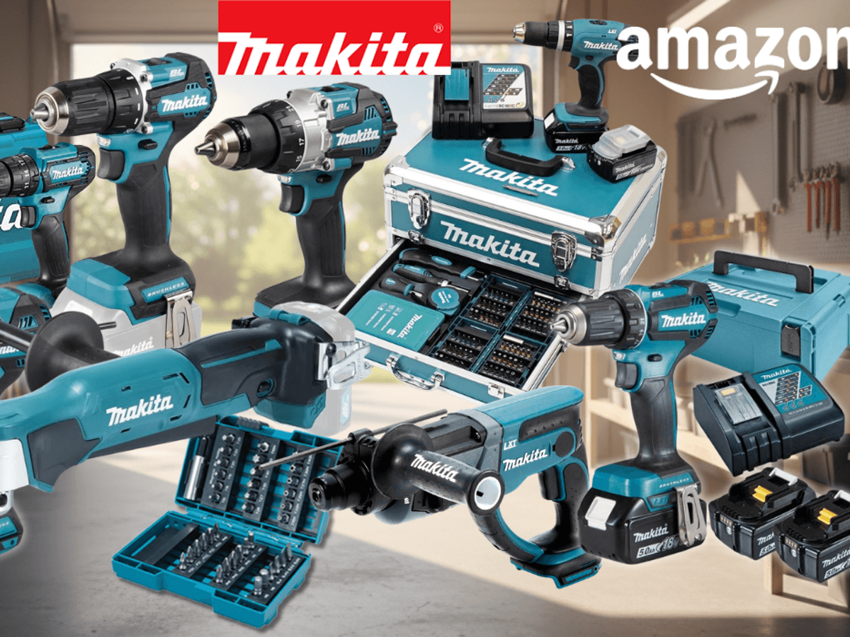Makita Akku-Bohrschrauber und Akku-Schlagbohrschrauber in Sets und einzeln vor einem Hintergrund einer Werkstatt in weihnachtlichem Ambiente.
