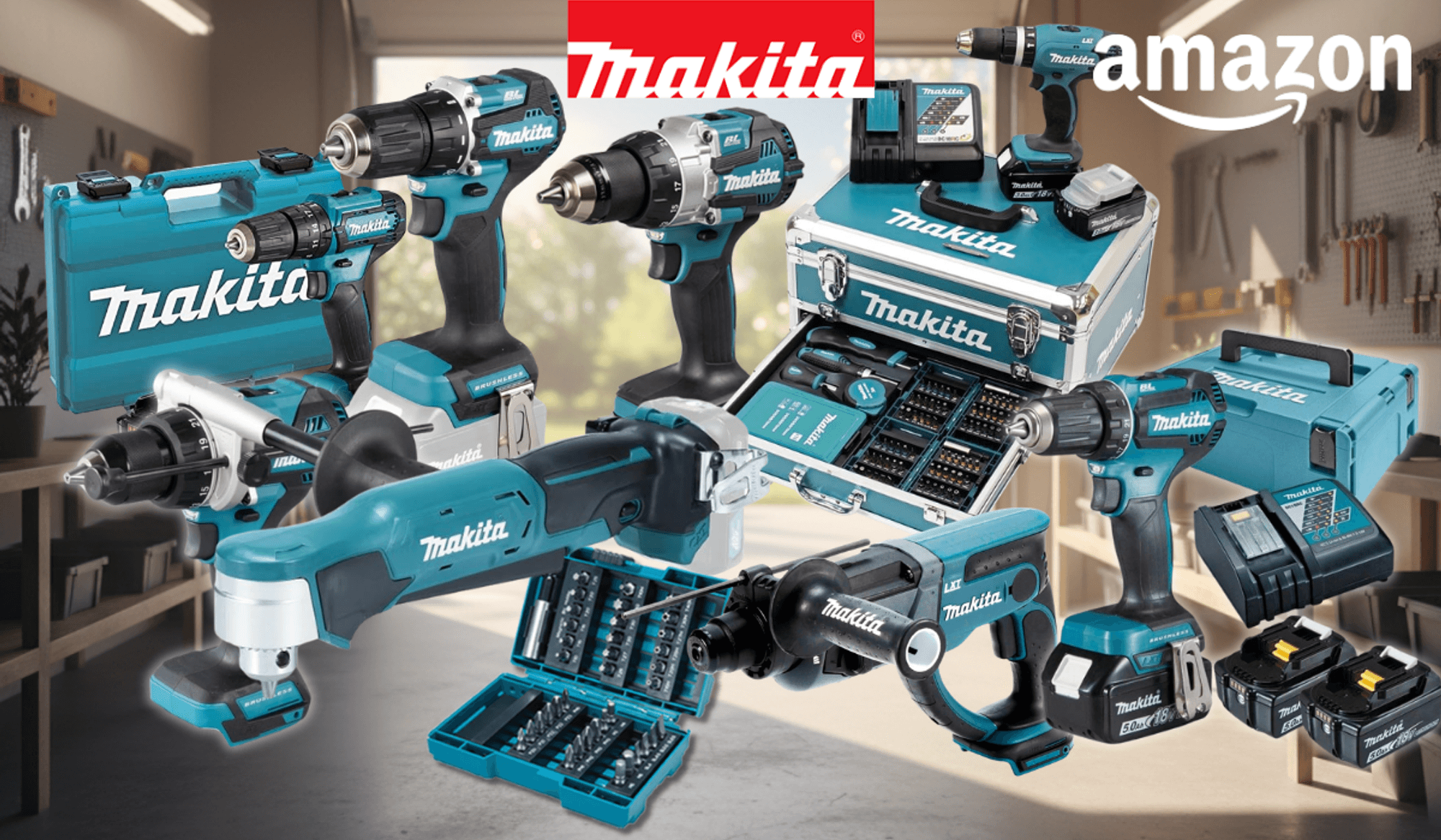 Makita Akku-Bohrschrauber und Akku-Schlagbohrschrauber in Sets und einzeln vor einem Hintergrund einer Werkstatt in weihnachtlichem Ambiente.