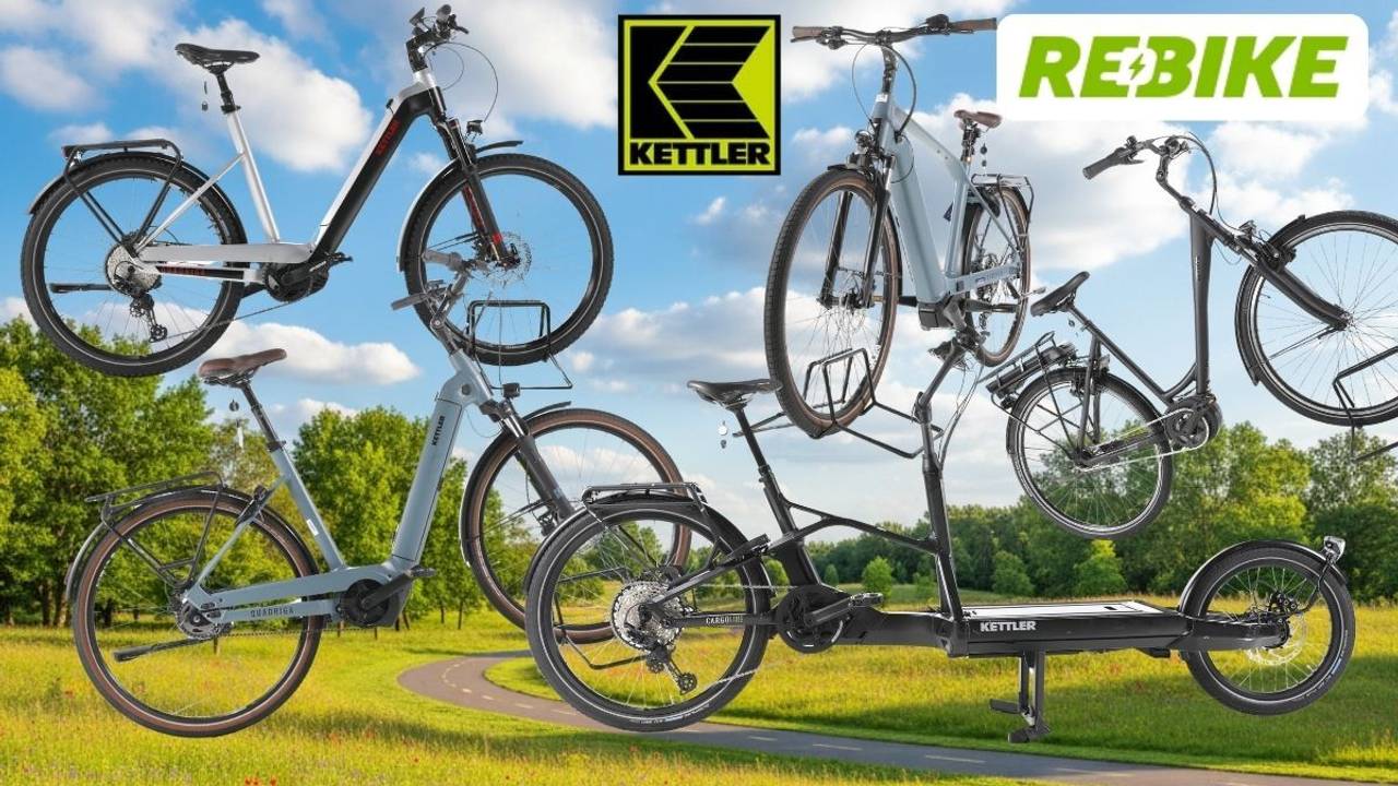 Collage mit mehreren Kettler-E-Bikes, darunter City-, Trekking- und Lastenrad-Modelle, vor einer grünen Landschaft mit Radweg sowie den Logos von Kettler und Rebike.