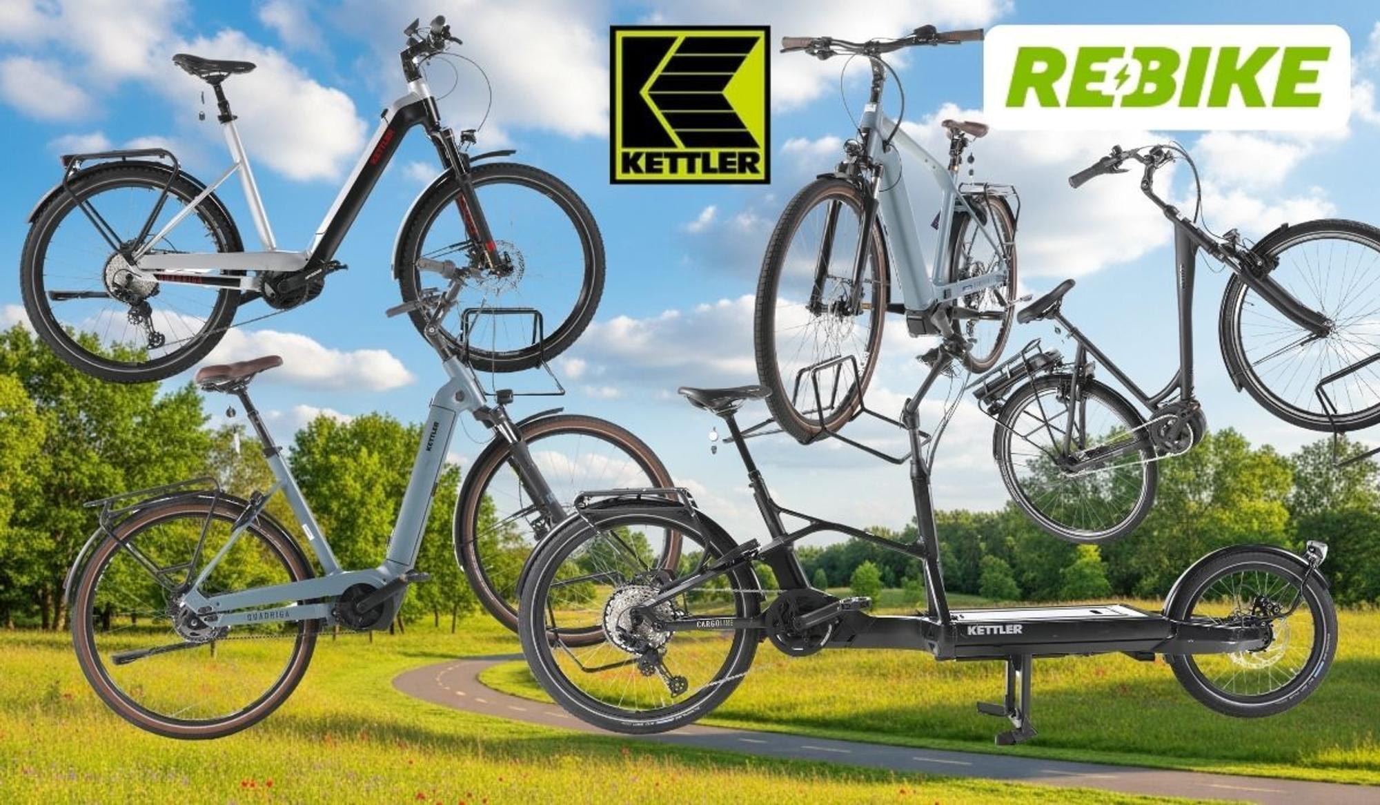 Collage mit mehreren Kettler-E-Bikes, darunter City-, Trekking- und Lastenrad-Modelle, vor einer grünen Landschaft mit Radweg sowie den Logos von Kettler und Rebike.