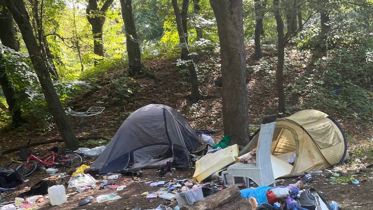 Um ein kleines Zelt, das auf dem Grün an einem Waldstück steht, liegt Müll.