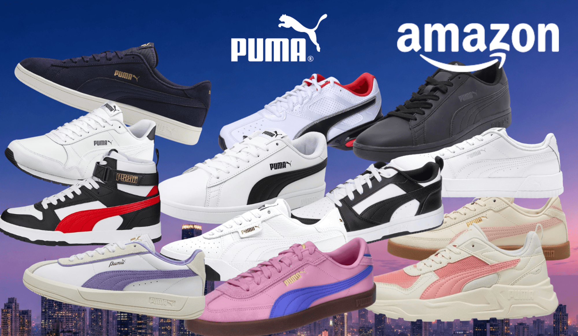 Puma Sneaker Modelle wie Speedcats, Smash V2, Cali, Carina, St Runner oder Caven 2.0 in verschiedenen Farben vor einem Sportstadion im Hintergrund.