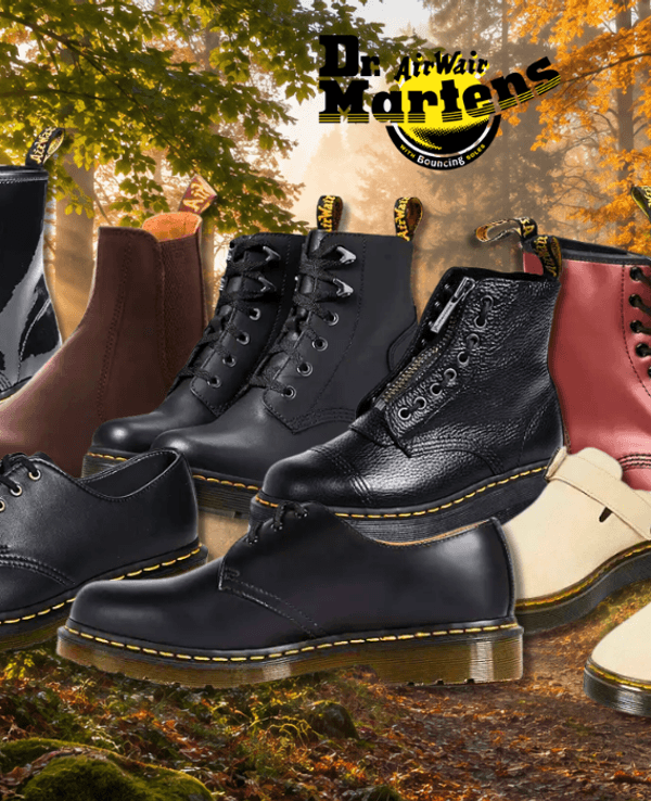 Verschiedenen Modelle der Dr. Marten Boots und Schuhe auf einem orange-goldenen Waldhintergrund.