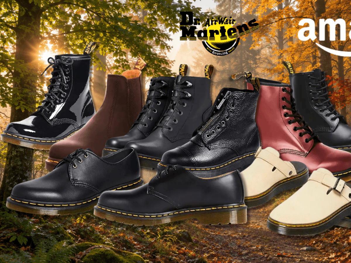 Verschiedenen Modelle der Dr. Marten Boots und Schuhe auf einem orange-goldenen Waldhintergrund.