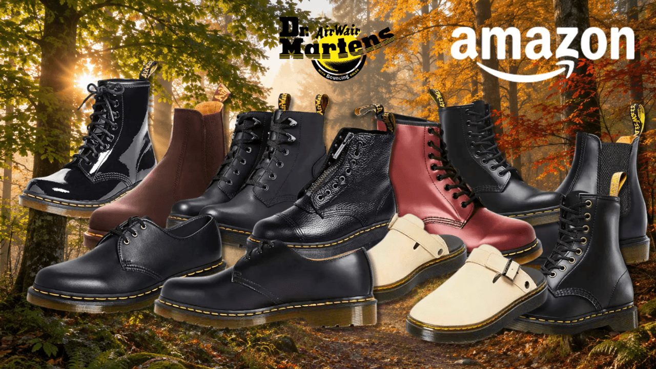 Verschiedenen Modelle der Dr. Marten Boots und Schuhe auf einem orange-goldenen Waldhintergrund.