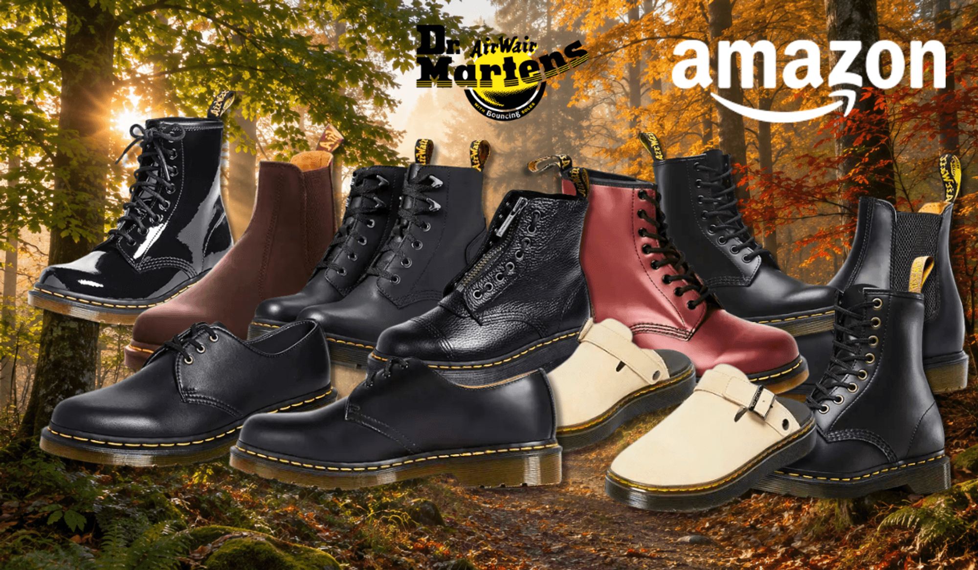 Verschiedenen Modelle der Dr. Marten Boots und Schuhe auf einem orange-goldenen Waldhintergrund.