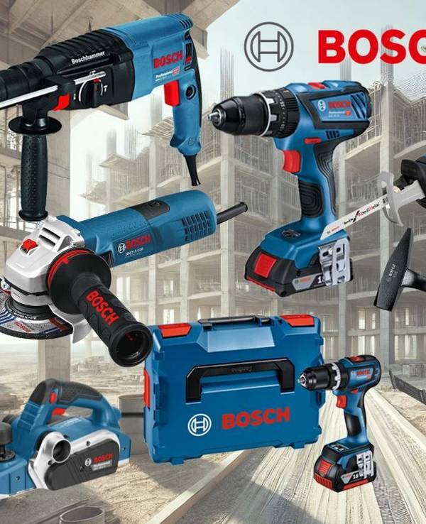 Collage verschiedener blauer Bosch Professional Werkzeuge (Bohrhammer, Schlagbohrmaschine, Akkubohrer, Winkelschleifer, 18V Akku, blauer Werkzeugkoffer) vor schwarzem Hintergrund und der rote Bosch-Schriftzug.