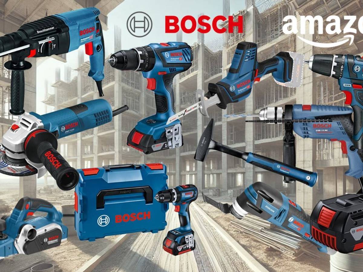 Collage verschiedener blauer Bosch Professional Werkzeuge (Bohrhammer, Schlagbohrmaschine, Akkubohrer, Winkelschleifer, 18V Akku, blauer Werkzeugkoffer) vor schwarzem Hintergrund und der rote Bosch-Schriftzug.