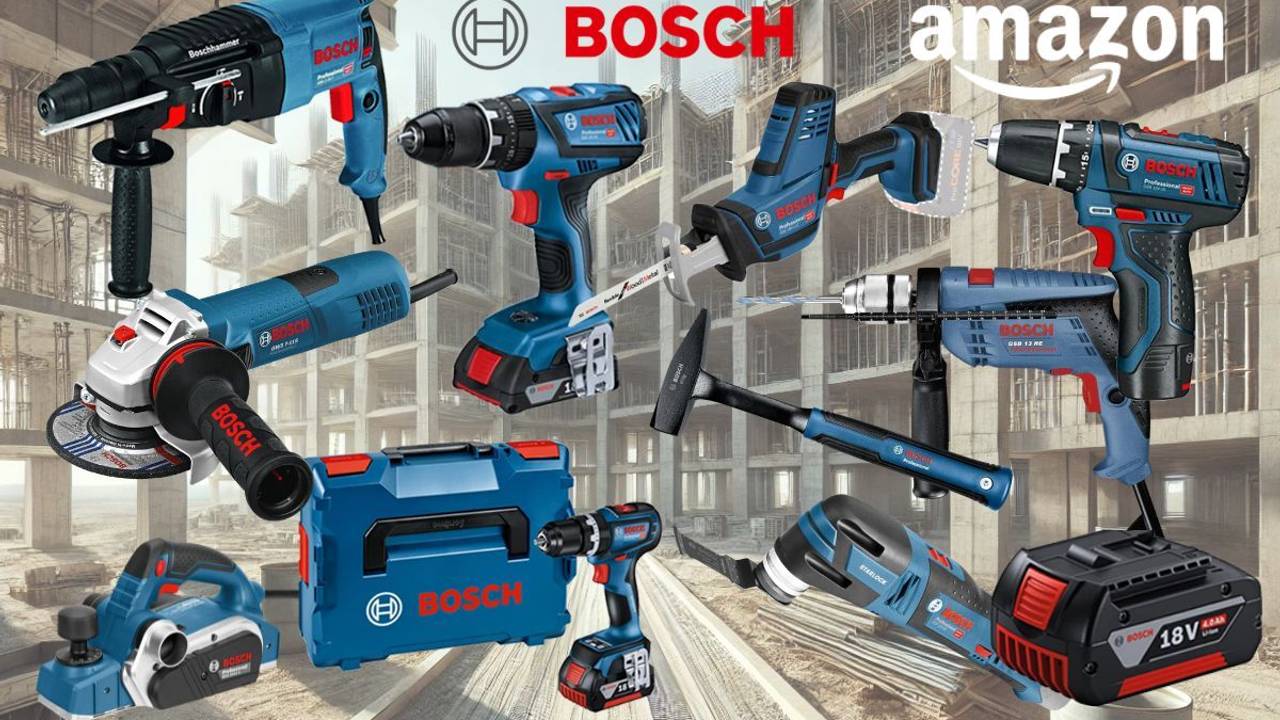 Collage verschiedener blauer Bosch Professional Werkzeuge (Bohrhammer, Schlagbohrmaschine, Akkubohrer, Winkelschleifer, 18V Akku, blauer Werkzeugkoffer) vor schwarzem Hintergrund und der rote Bosch-Schriftzug.