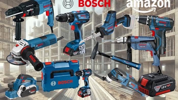 Collage verschiedener blauer Bosch Professional Werkzeuge (Bohrhammer, Schlagbohrmaschine, Akkubohrer, Winkelschleifer, 18V Akku, blauer Werkzeugkoffer) vor schwarzem Hintergrund und der rote Bosch-Schriftzug.