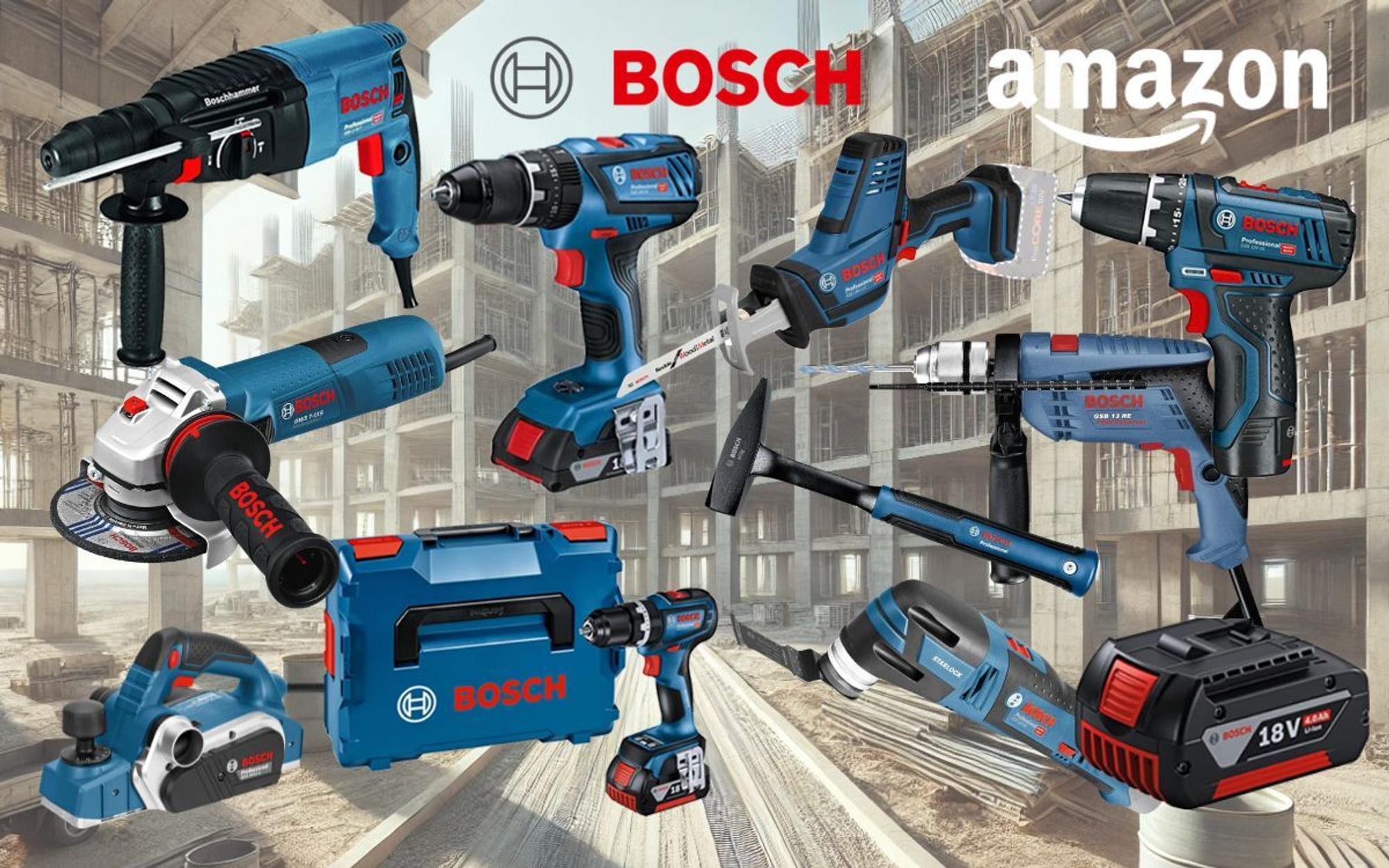 Collage verschiedener blauer Bosch Professional Werkzeuge (Bohrhammer, Schlagbohrmaschine, Akkubohrer, Winkelschleifer, 18V Akku, blauer Werkzeugkoffer) vor schwarzem Hintergrund und der rote Bosch-Schriftzug.