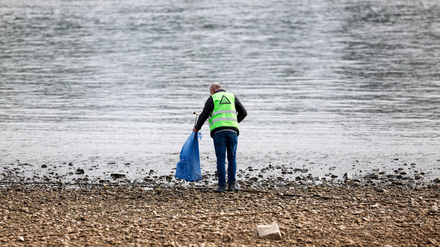 Freiwillige Helfer räumen im Rahmen der Aktion «RhineCleanUp» das Ufer am Rhein in Oberkassel auf.