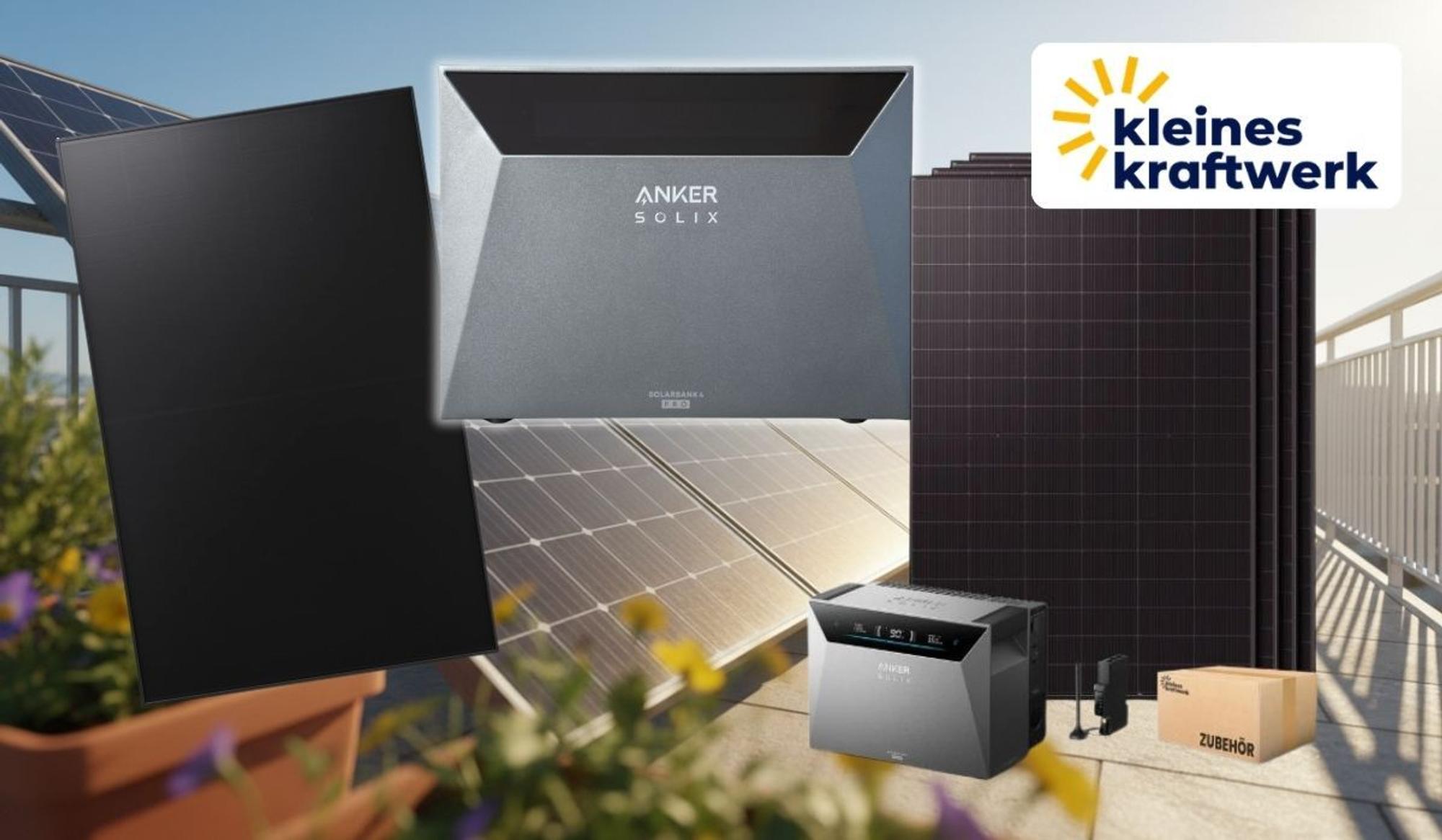 Kleines Kraftwerk Balkonkraftwerk-Set mit Anker SOLIX Solarbank 4 Pro Speicher und Solarmodulen vor Hintergrund einer Dachterrasse mit Stadtkulisse und sonnigem Himmel.