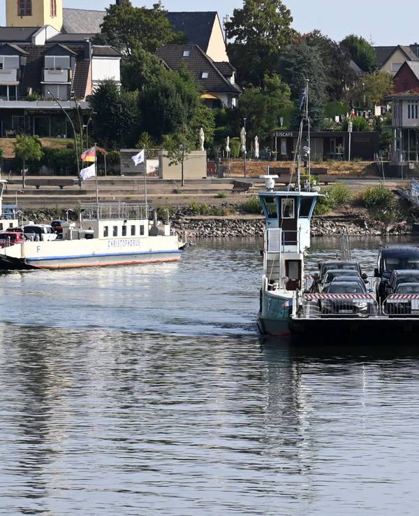 Zwei Fähren begegnen sich auf dem Rhein.