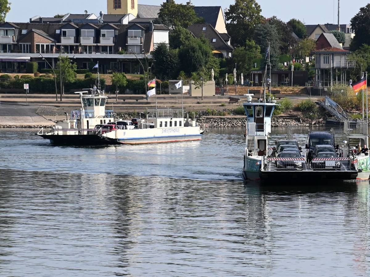 Zwei Fähren begegnen sich auf dem Rhein.