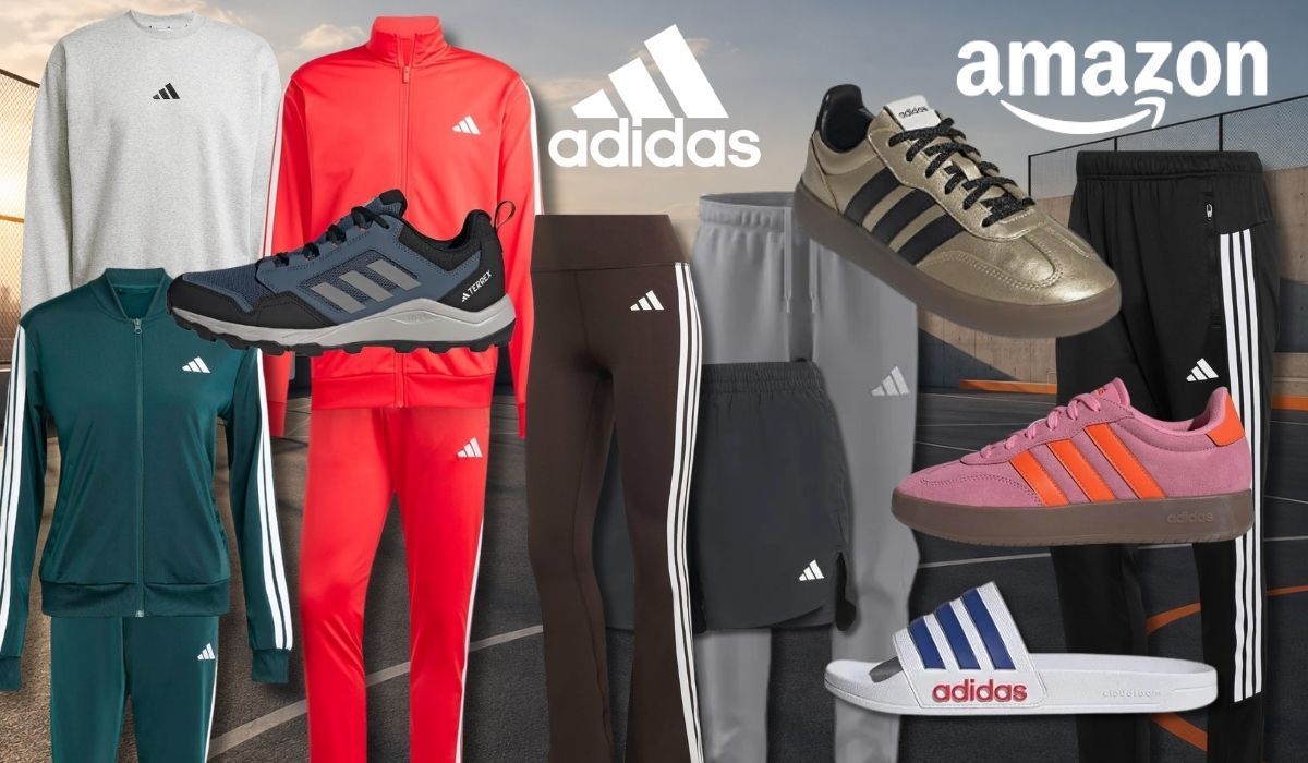 adidas Kleidungsstücke, Sneaker und Schuhe vor einem urbanen Sportplatz in der Abenddämmerung.