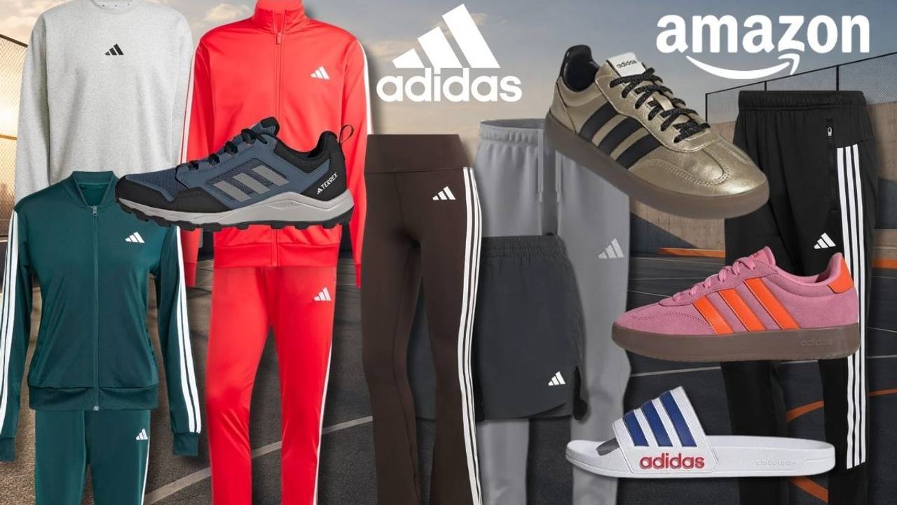 adidas Kleidungsstücke, Sneaker und Schuhe vor einem urbanen Sportplatz in der Abenddämmerung.