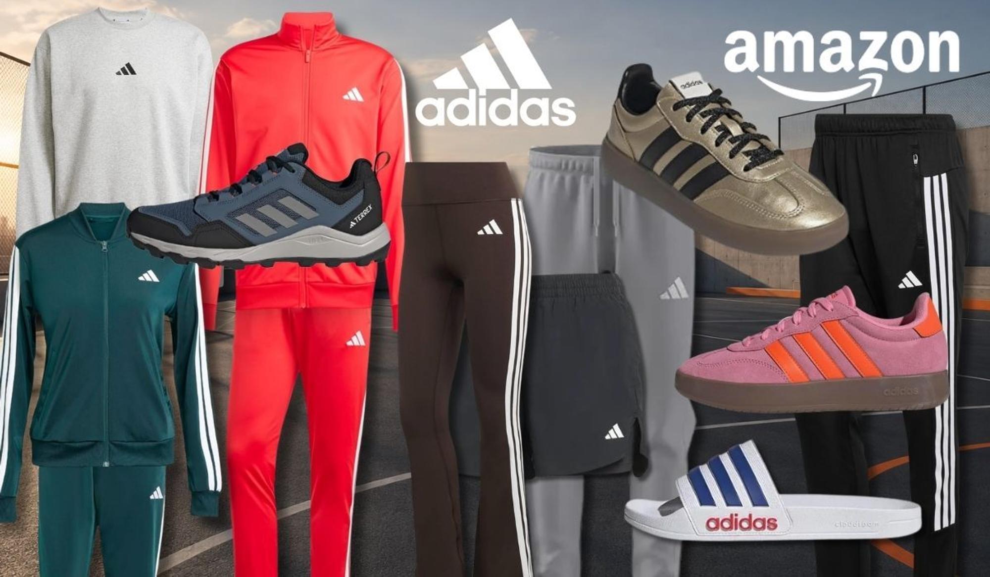 adidas Kleidungsstücke, Sneaker und Schuhe vor einem urbanen Sportplatz in der Abenddämmerung.